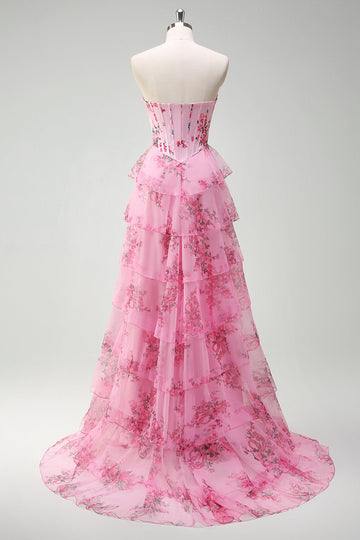 Blush Floral Strapless A Line Corset Tiered Long Prom Dress with Slit